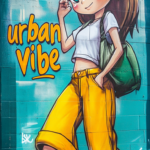 Graffiti art of a stylish girl in yellow pants and green cap, titled 'Urban Vibe', ideal for mobile wallpaper.