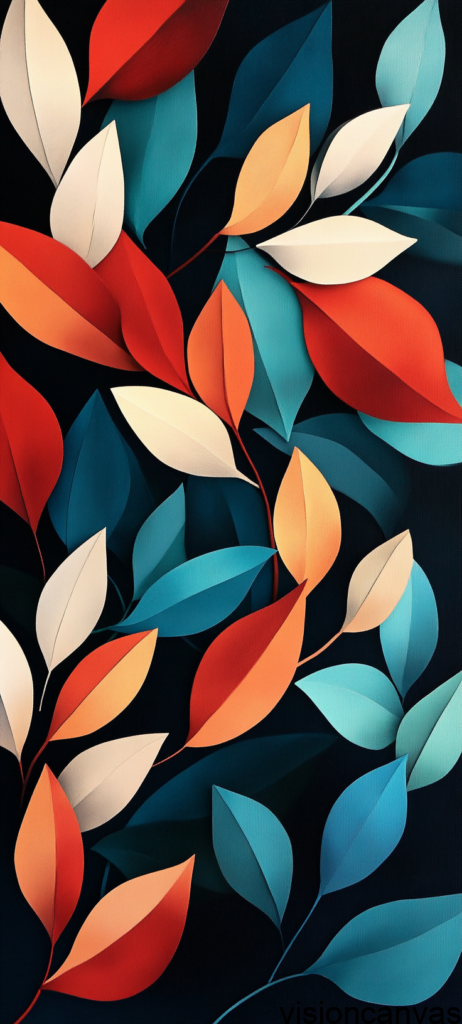 Abstract vector illustration of colorful autumn leaves in shades of red, orange, and blue on a black background – perfect for a modern and vibrant mobile wallpaper