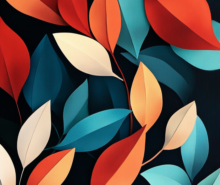 Abstract vector illustration of colorful autumn leaves in shades of red, orange, and blue on a black background – perfect for a modern and vibrant mobile wallpaper