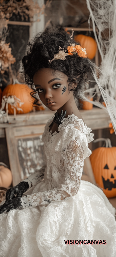 Black doll wearing a lace white dress, set against a rustic Halloween backdrop with pumpkins, ideal for an elegant mobile wallpaper