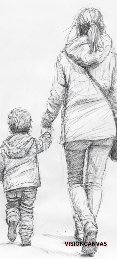 Mobile Wallpaper: sketch of a mother and child walking hand in hand,