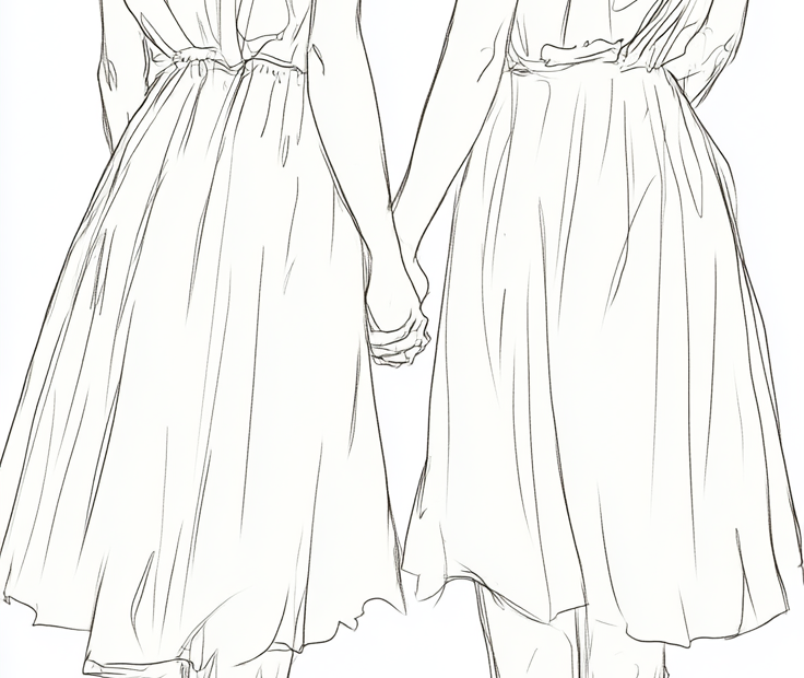 Line Drawing of 2 sister holding hands